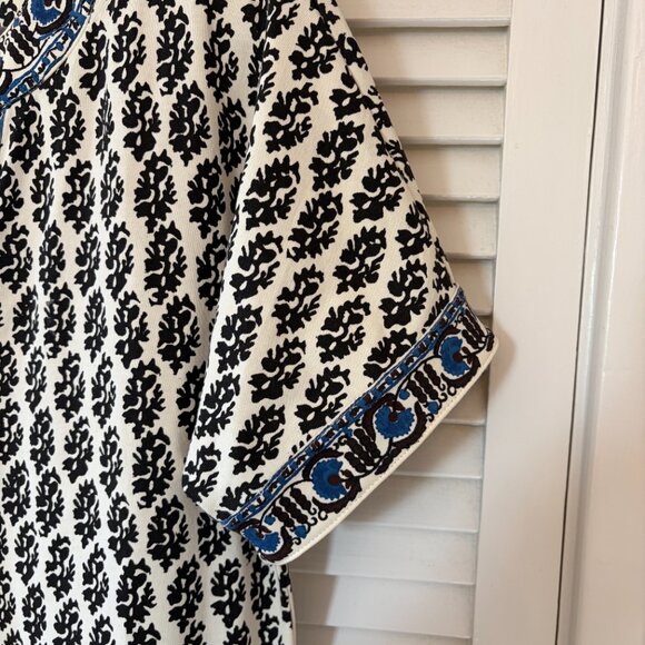 Tory Burch Amara dress small cotton block print cream blue tie Guru Print - Picture 6 of 11